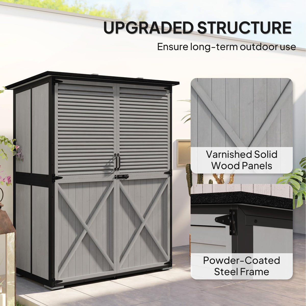 Outsunny Outdoor Storage Cabinet, Wood Garden Tool Shed with Lock, Steel Frame and Asphalt Roof, Garden Storage Shed with Adjustable Shelves and Feet for Patio Backyard Lawn, Gray