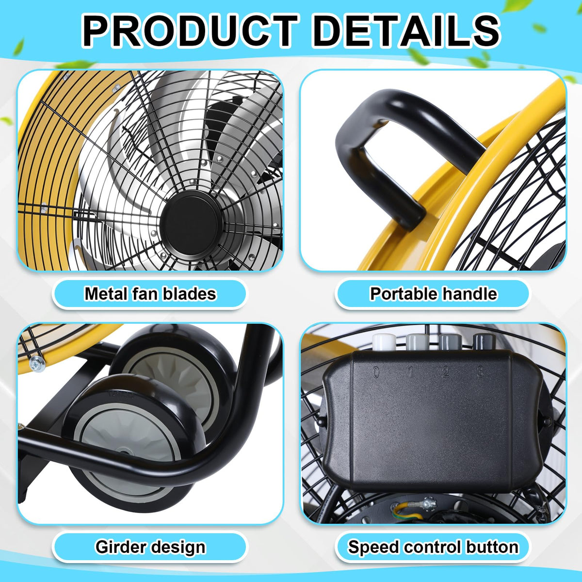 ZeahVeyora 20" High Velocity Industrial Drum Fan 7 Metal Blades Heavy Duty Metal Industrial Floor Fan 3 Speed with Handle and Roller, 360° Rotation for Warehouse Basement Factory Barn Garage(Yellow)