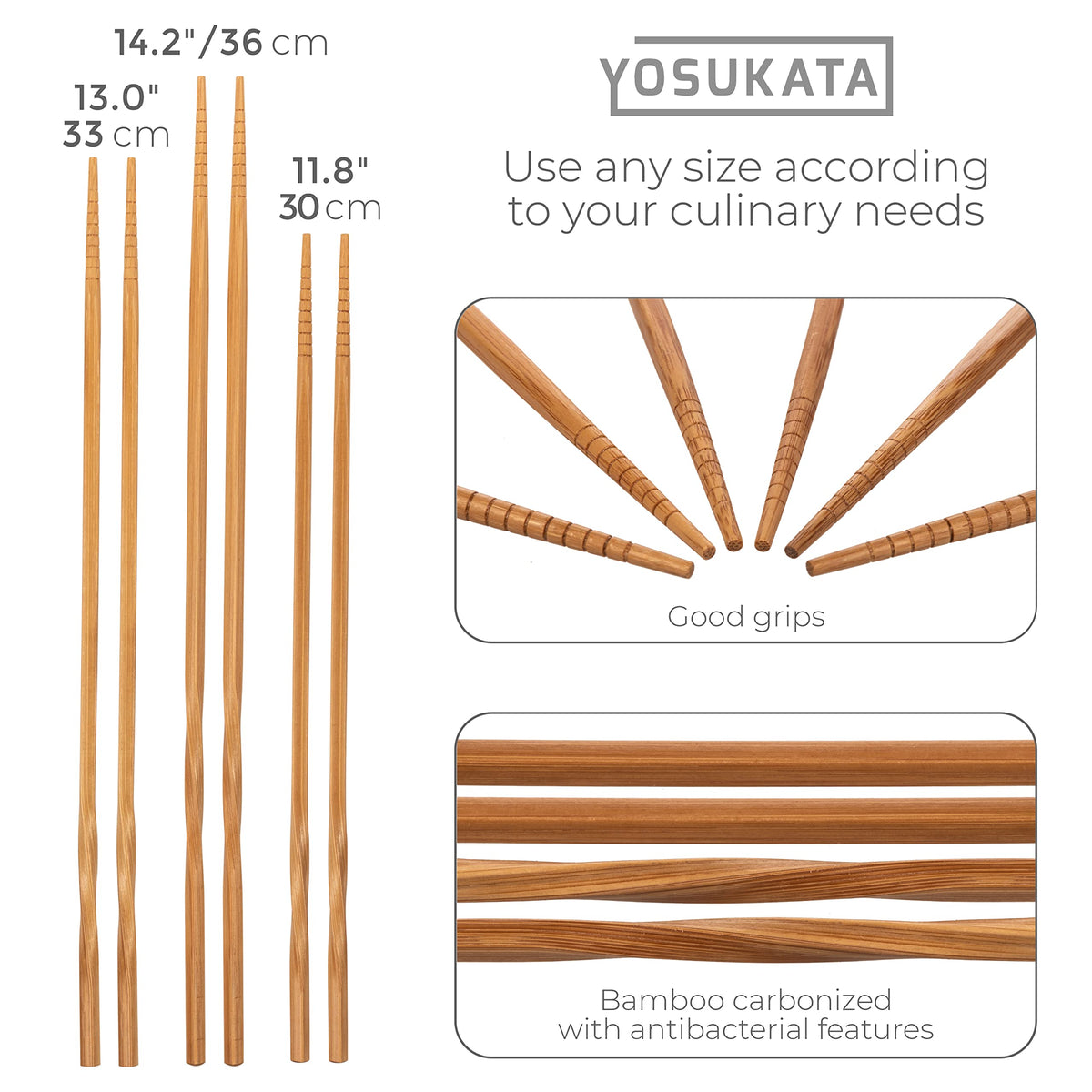 YOSUKATA Carbon Steel Wok Pan11.8 in + 17" Wok Spatula and Ladle and Turner + Reusable Natural Wooden Long Cooking Chopsticks Set of 3 pairs