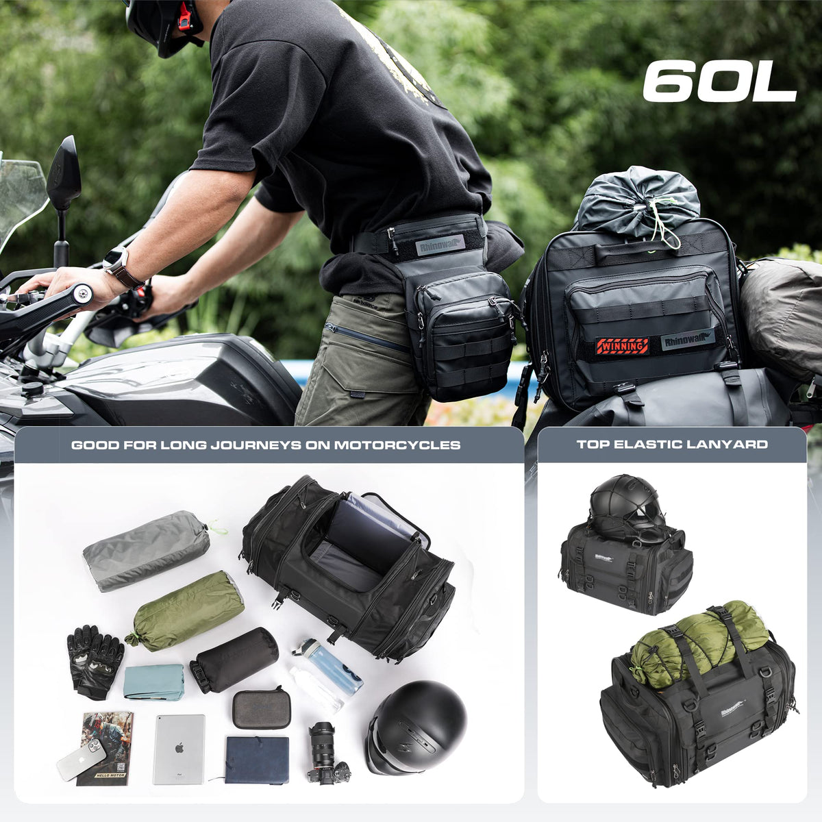 Rhinowalk Motorcycle Tail Bag, Expandable Motorcycle Travel Luggage Bags 60L, Waterproof All-Weather Trunk Rack Bag with Sissy Bar Straps & Helmet Rain Cover-Black