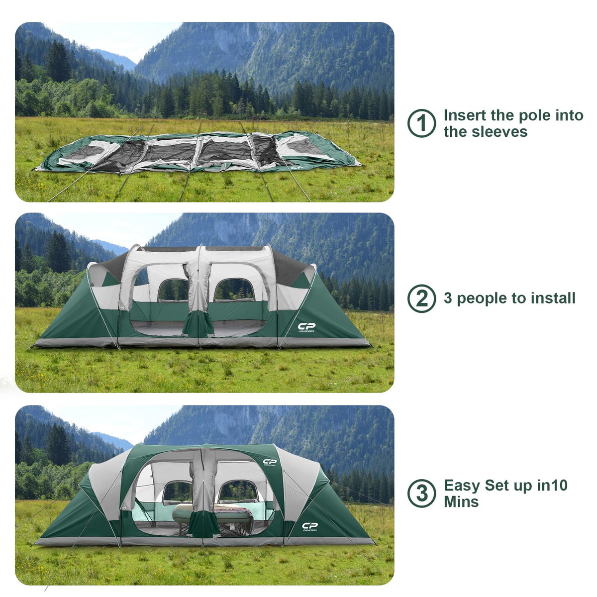 CAMPROS CP Tent 12-Person-Camping-Tents,3 Room Family Tents,Waterproof Windproof Family Tent with Top Rainfly,6 Large Mesh Windows,Double Layer,Easy Set Up, Portable with Carry Bag-20' x 9' x 72"(H)