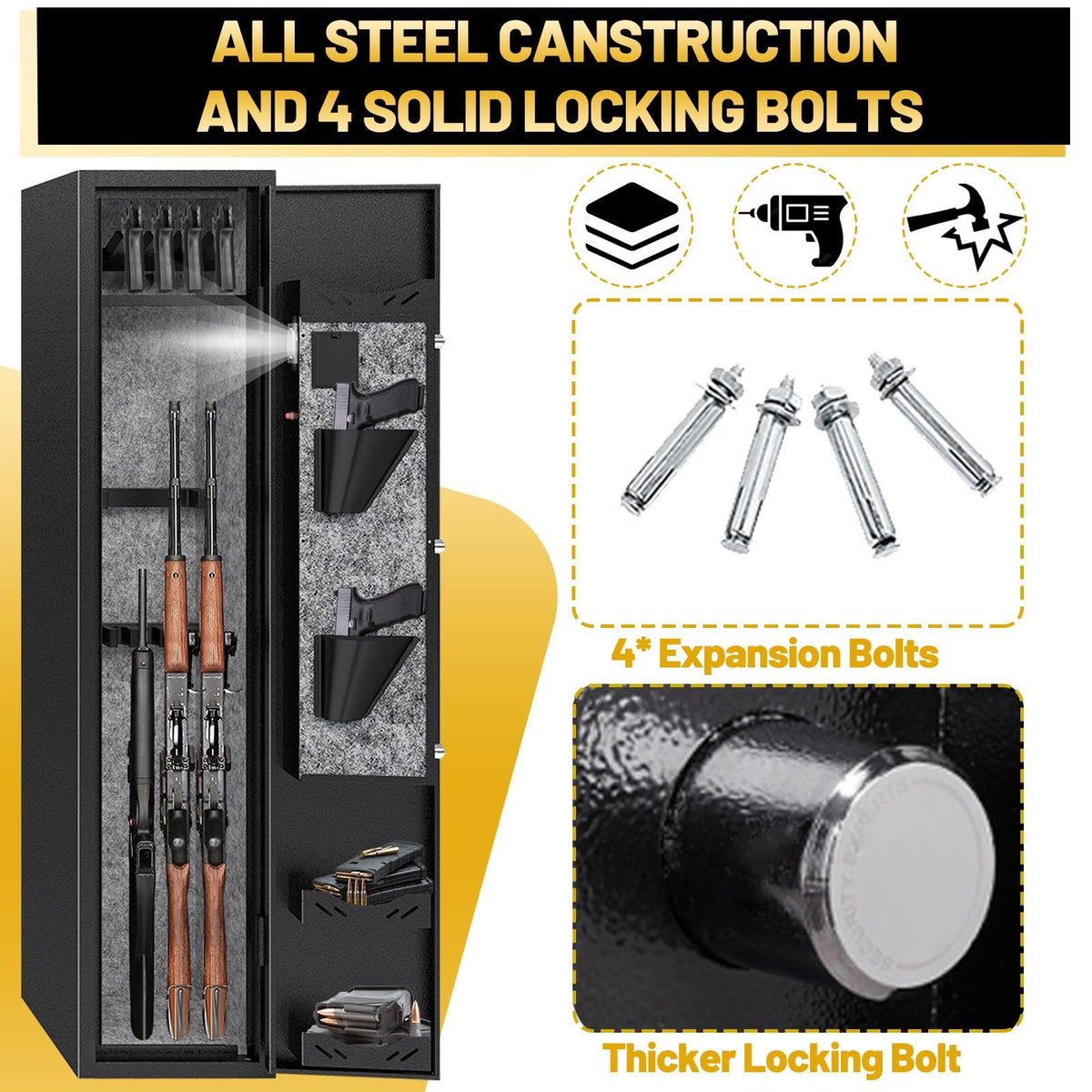 Kaer Gun Safe,Rifle Safe,4-5 Biometric Long Gun Safes for Rifles and Pistols,Gun Cabinet for Rifles and Shotguns with Fingerprint/Digital Keypad/Removable Shelf for Home,Garage,Office