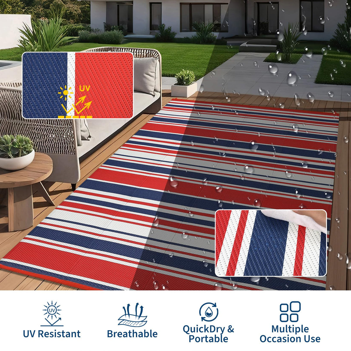 GAOMON 10x20 Outdoor Rug Waterproof for Patio Plastic Straw Large Rug Geometric Stripe Indoor Outdoor Area Rug Modern Lines Outdoor Camping Rugs for RV Porch Deck Backyard Balcony, Red Navy White