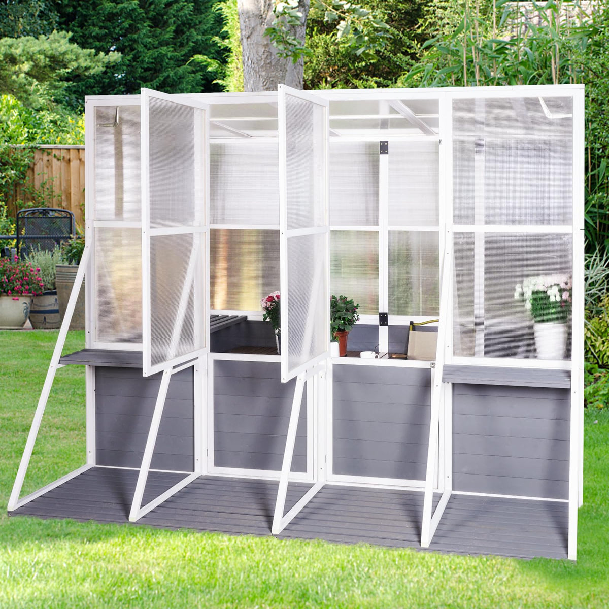 KEIKI Outdoor Polycarbonate Greenhouse Wooden Lean to Greenhouses, Heavy Duty Walk-in Green House w/ Triangular Support, Adjustable Roof & Shelves, Large Hot House for Sunroom Storage Shed, Garden