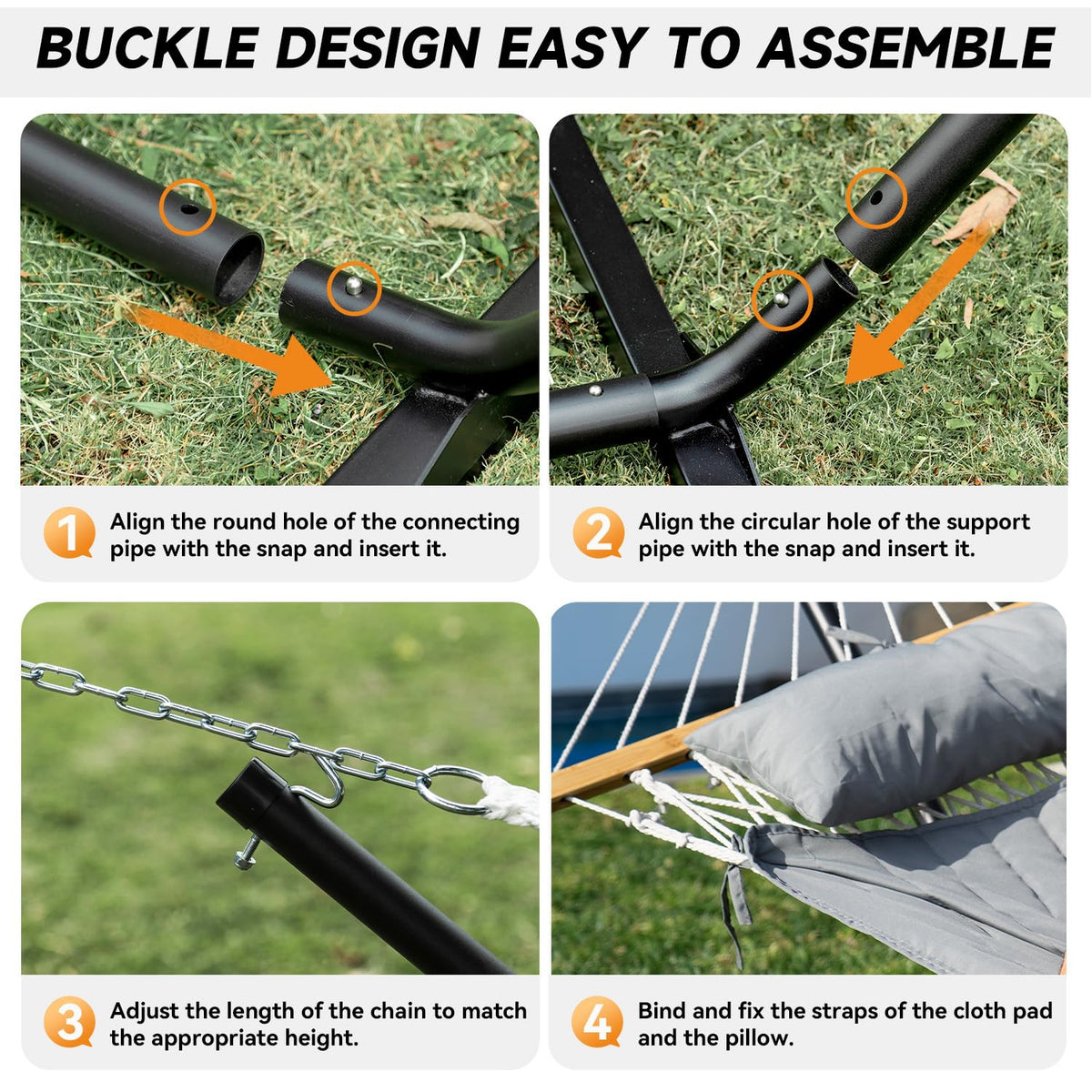 Everyfun 2 Person Outdoor Hammock with Stand, Cotton Rope Hammock with Polyester Pad, Adjustable Steel Frame, Portable with Carrying Bag – for Patio, Backyard, Garden, Beach, Urban-Gray