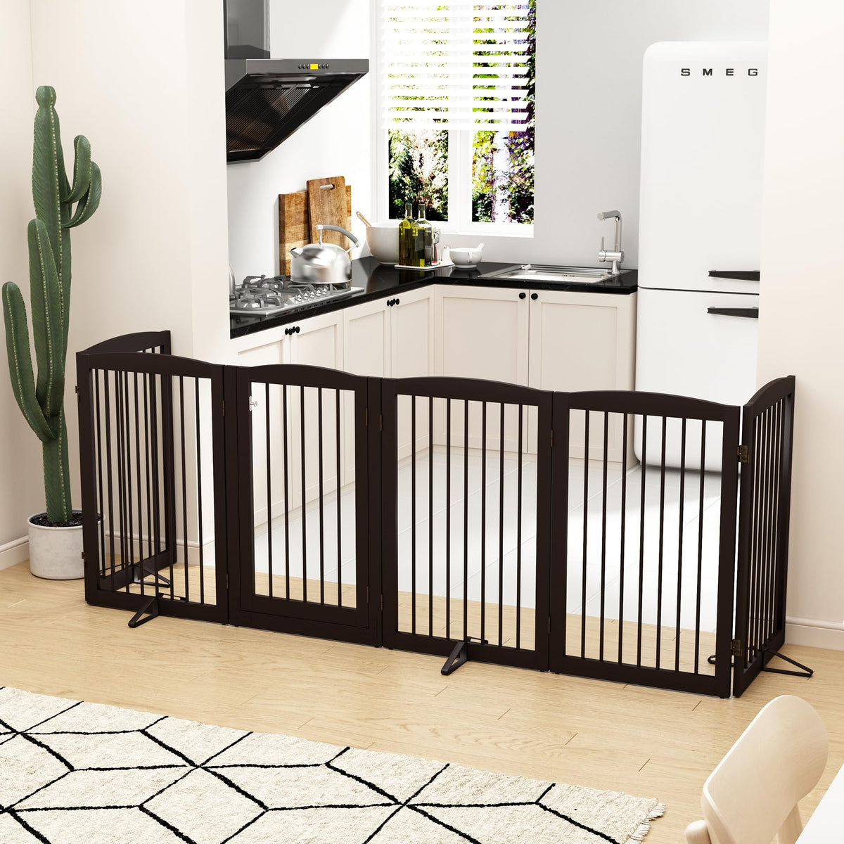 PUPETPO Freestanding Pet Gate with Door, Tall Dog Gate for House, Extra Wide, Pet Puppy Safety Fence, Support Feet Included, 120 Inch Wide, 6 Panels 32" Tall, Brown