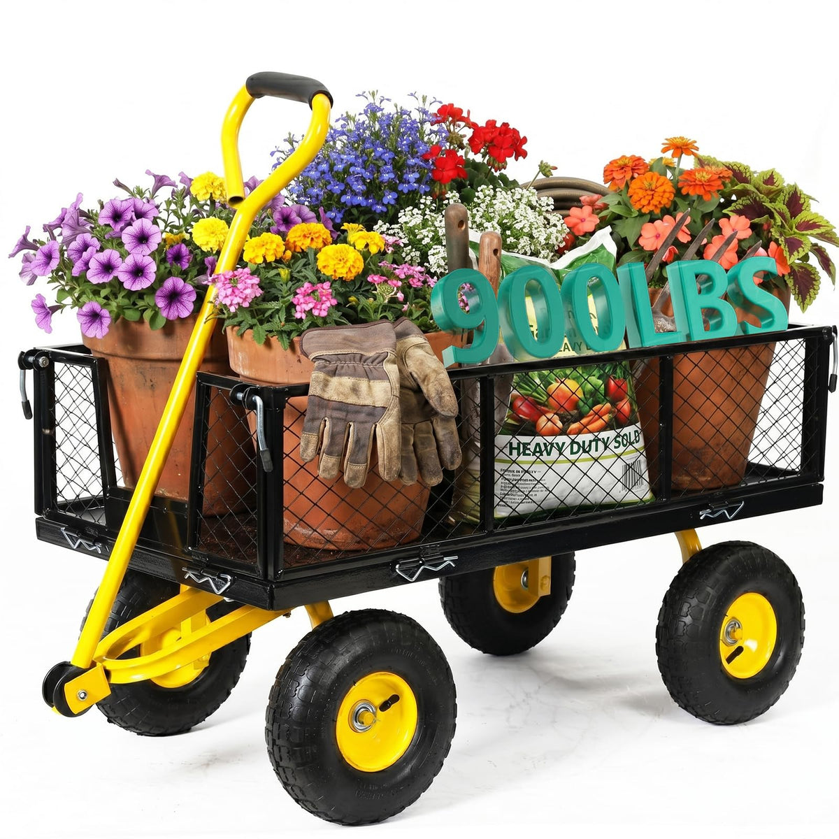 SUNNYFEEL 900 LBS Heavy Duty Steel Garden Cart, Utility Garden Wagon Cart with 10" Flat-Free Wheels and Removable Sides, All Season Yard Cart with 180° Adjustable Handle
