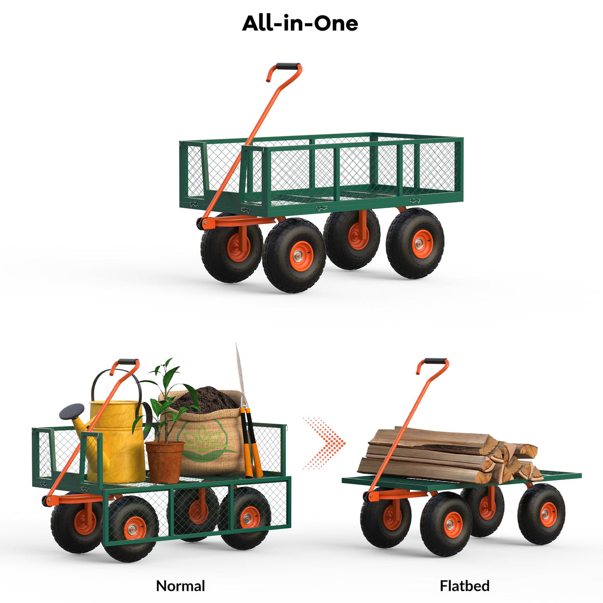 Hipicute 900 LBS Garden Cart Steel, 3 in 1 Heavy-Duty Folding Utility Wagon with Removable Sides, 180° Rotating Handle & 10 inch Tires for Outdoor, Farm, Yard, Lawn and Garden