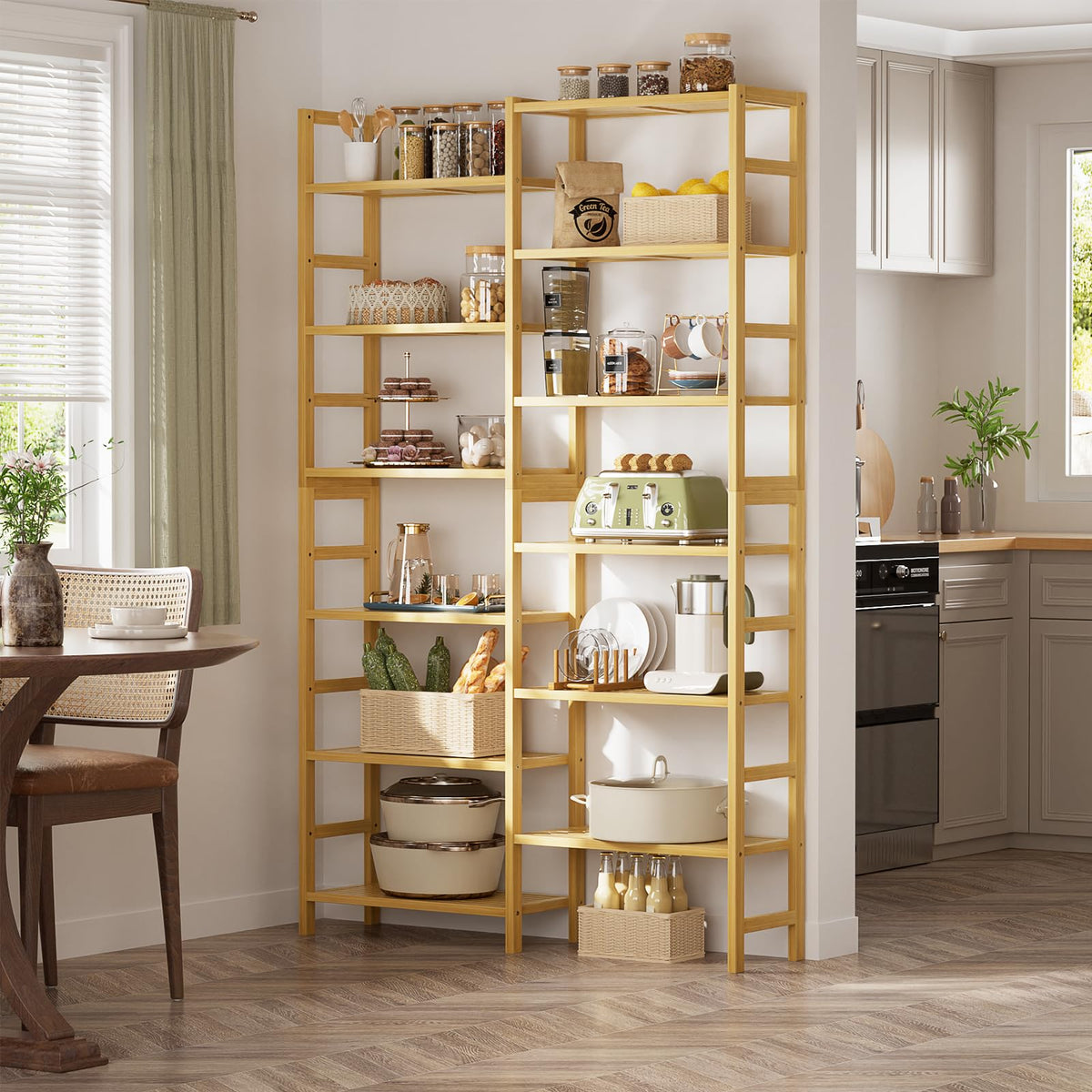 Homykic Double Wide Bamboo Bookshelf, 6-Tier Large Open Bookcase with 12 Display Shelves, 6ft Tall Freestanding Book Shelf for Home Office, Bedroom, Living Room, Plants, Natural
