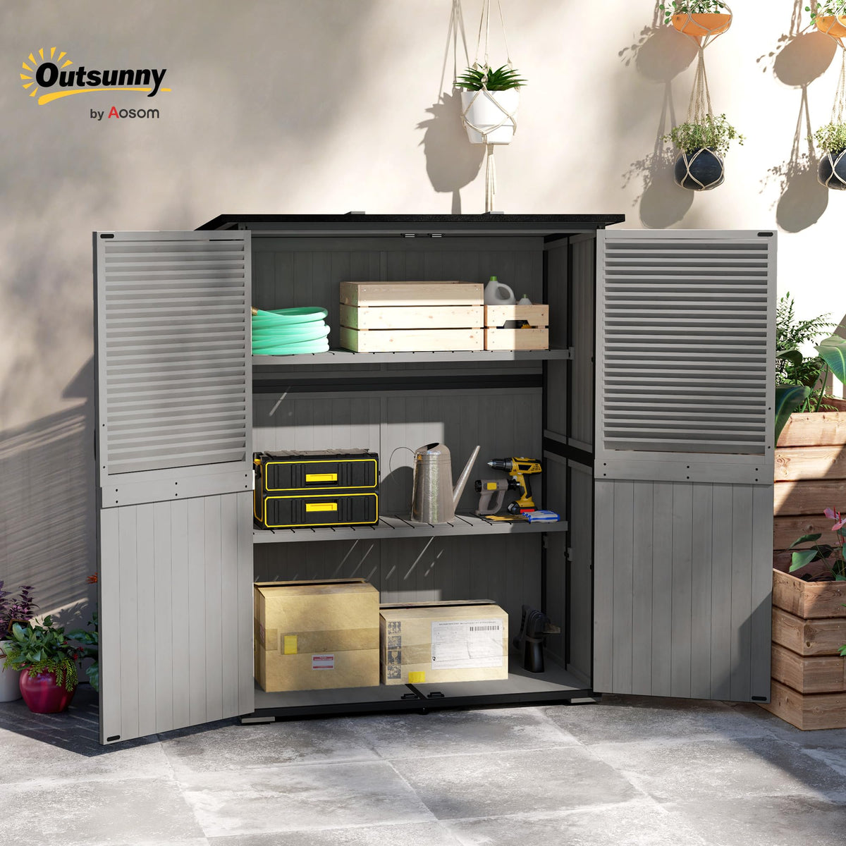 Outsunny Outdoor Storage Cabinet, Wood Garden Tool Shed with Lock, Steel Frame and Asphalt Roof, Garden Storage Shed with Adjustable Shelves and Feet for Patio Backyard Lawn, Gray