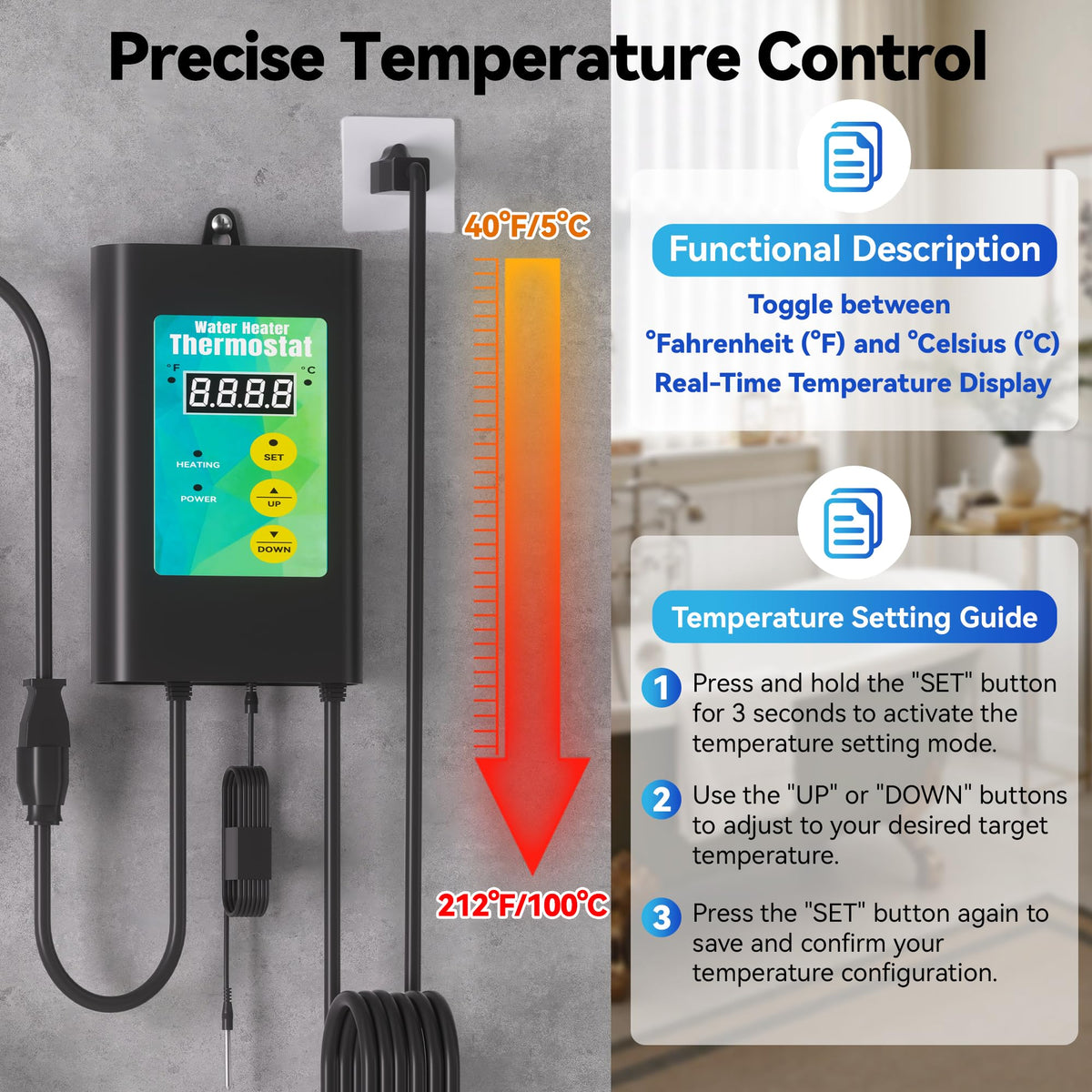 1800W Immersion Heater for Hot Tub, 304 Stainless Steel Submersible Immersion Heater with GFCI & Digital Thermostat, for Bathtub, Home SPA, Camping, Baptistery, Medium Stock Tank, Outdoor Use