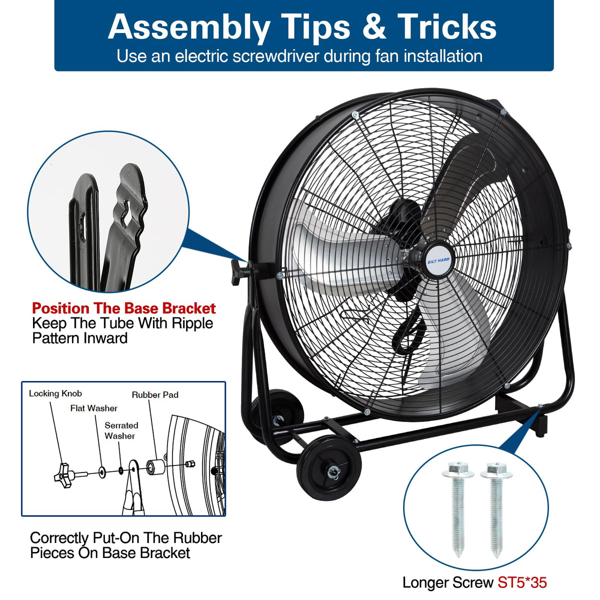 BILT HARD 24" 8100 CFM High Velocity Drum Fan, 3 Speeds Heavy Duty Tilt Metal Floor Shop Fan, Commercial Industrial Use for Garage, Factory, Warehouse, Black
