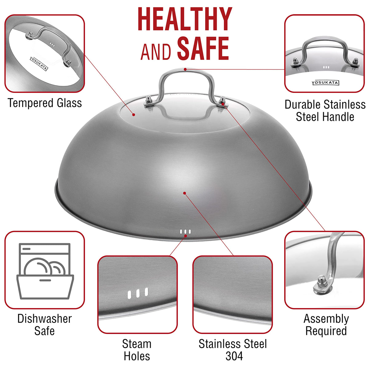 YOSUKATA Carbon Steel Flat Bottom Wok Pan - 13.5" + Wok Lid 12.8 Inch - Cover with Tempered Glass Insert Steam Holes + Blue Carbon Steel 17-inch Spatula, Ladle, 3 pairs Chopsticks
