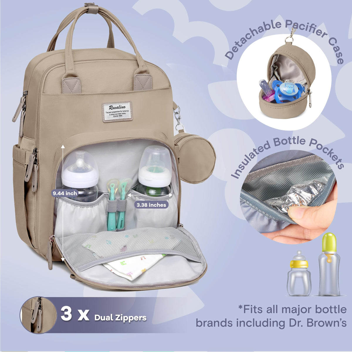 RUVALINO Diaper Bag Backpack-Multifunction Baby Travel Bag with Changing pad, Insulated Bottle Holders & Pacifier Case, Large Capacity, Waterproof, Clay