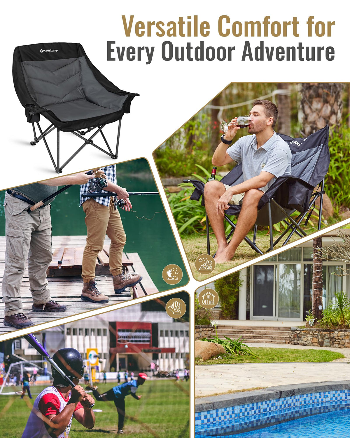 KingCamp Oversized XL Camping Chair, Heavy Duty 500lbs Folding Couch for Adults, Padded Large Comfortable Sofa Seat with Cooler Bag Cup Holder for Outdoor Sports Fishing Patio Lawn, Black/Grey