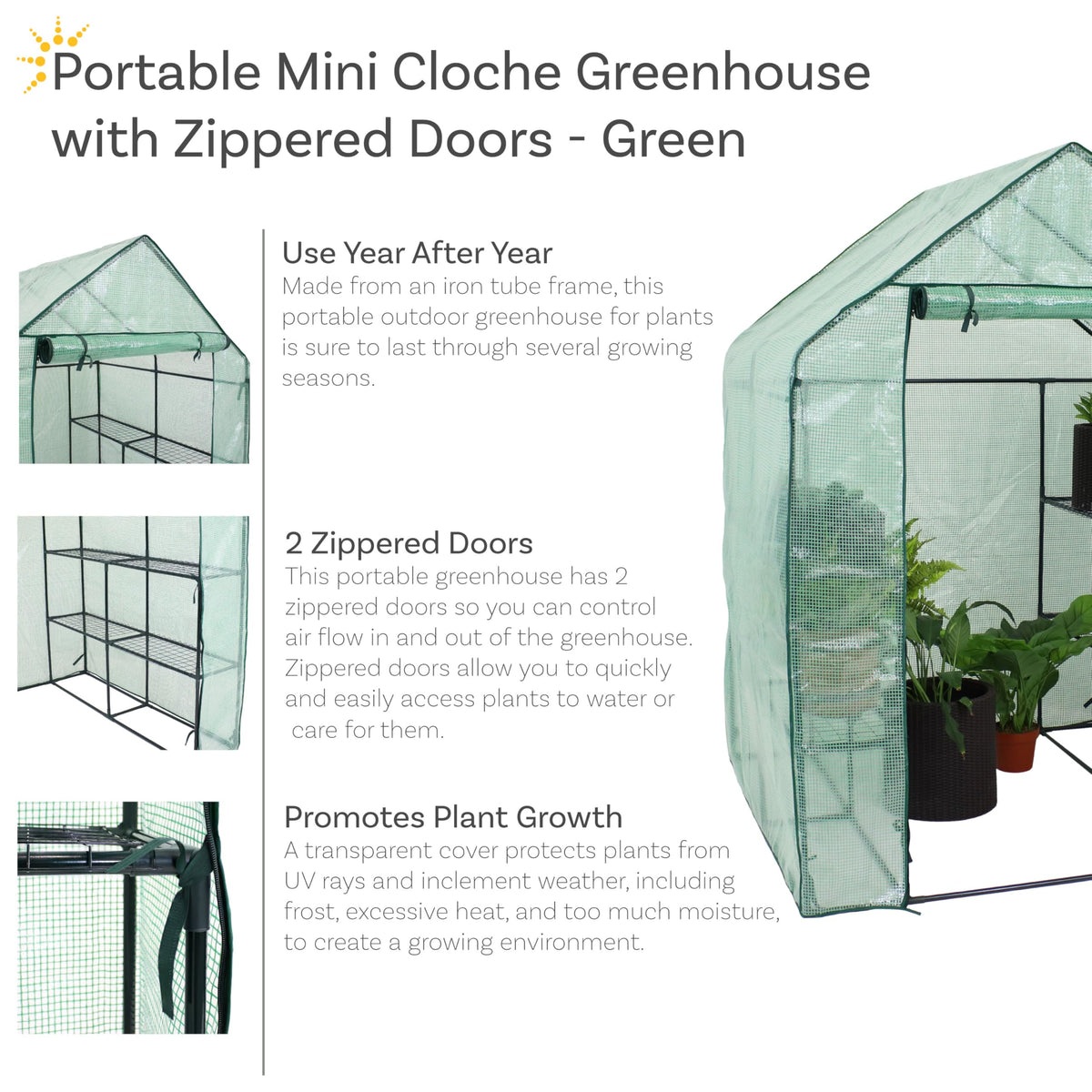 Sunnydaze Portable Outdoor Grandeur Walk-in Greenhouse with 4 Steel Wire Shelves and Roll-Up Door - Green