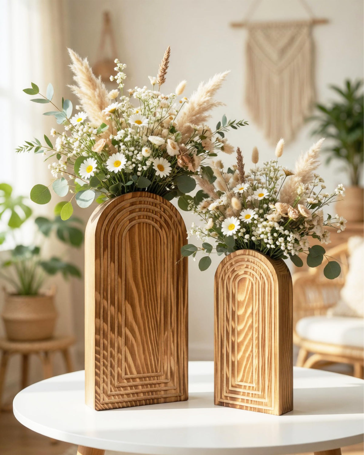 2 Pack Wooden Wall Vase Set - Boho & Modern Farmhouse Wall Decor, Hanging Planter for Indoor Plants & Flowers, Wood Mounted Art for Living Room, Bathroom, Hallway, Home Decor (Black, Large)