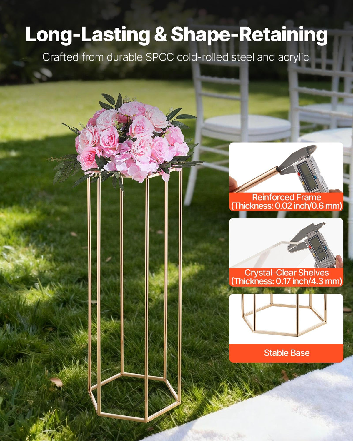 VEVOR Wedding Flower Stand, 10PCS 31.5-inch Column Flower Stand, Floral Stands with Acrylic Laminate, Hexagonal Cubic Floral Display Rack for Wedding, Party, Birthday, Home,French Gold Stands