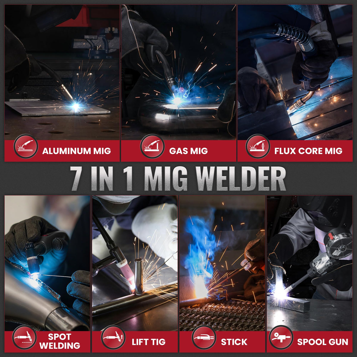 bestarc 215Amp MIG Welder, 110V 220V Gas MIG/Flux Core MIG/Stick/Lift TIG/Spool Gun/Spot Welding 7 IN 1 Aluminum Welding Machine, IGBT Multiprocess bestarc Welder with Synergy, Spool Gun Compatible
