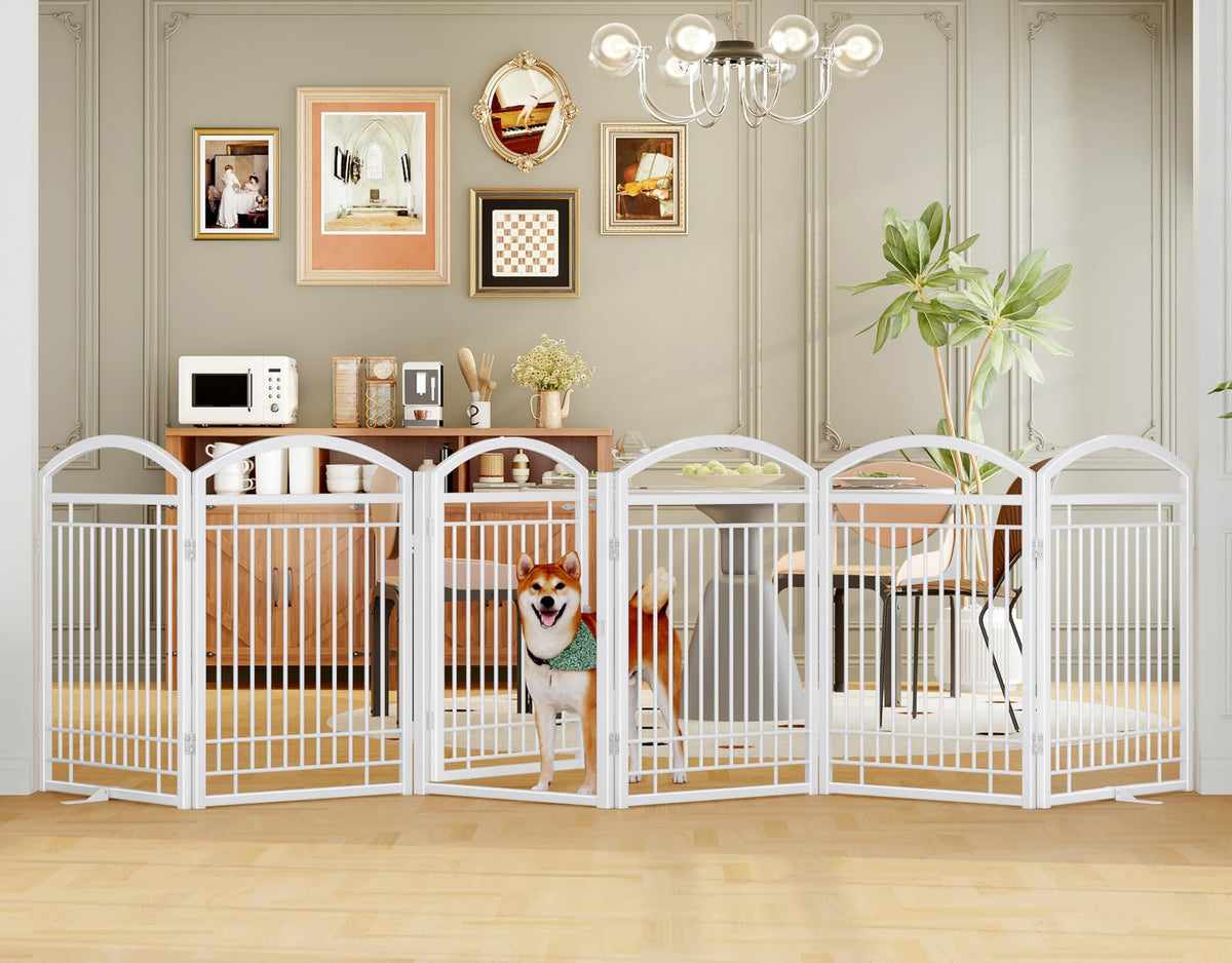 THKKY Folding No-Assembly Metal Freestanding Dog Gate with Door Walk Through,32" Height Pet Fence,144" Extra Wide Accordion Puppy Folding Playpen for Doorways,House,Stairs (6 Panels,White)