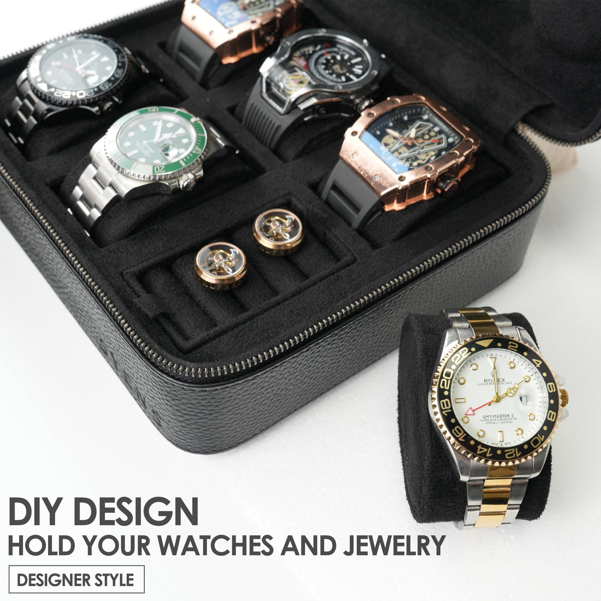 SYENS Real Genuine Leather Watch Travel Case 6 Watches Box, Suitable for all Watches and Smartwatches under 60mm Storage Organizer for Man and Women (6W-Z-BBL)