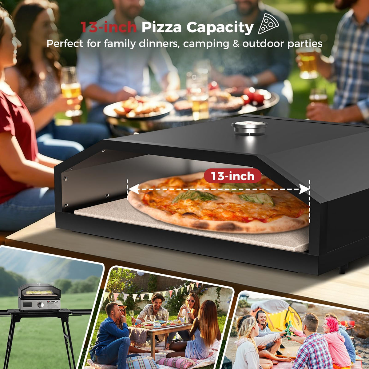 CAMPLUX 17 Inches Pizza Oven for Grill with Storage Bag and 14.8"×13" Cordierite Stone, Grill Top Pizza Oven Built-in Thermometer, Compatible with Propane & Charcoal Grill for Crispy Homemade Pizza