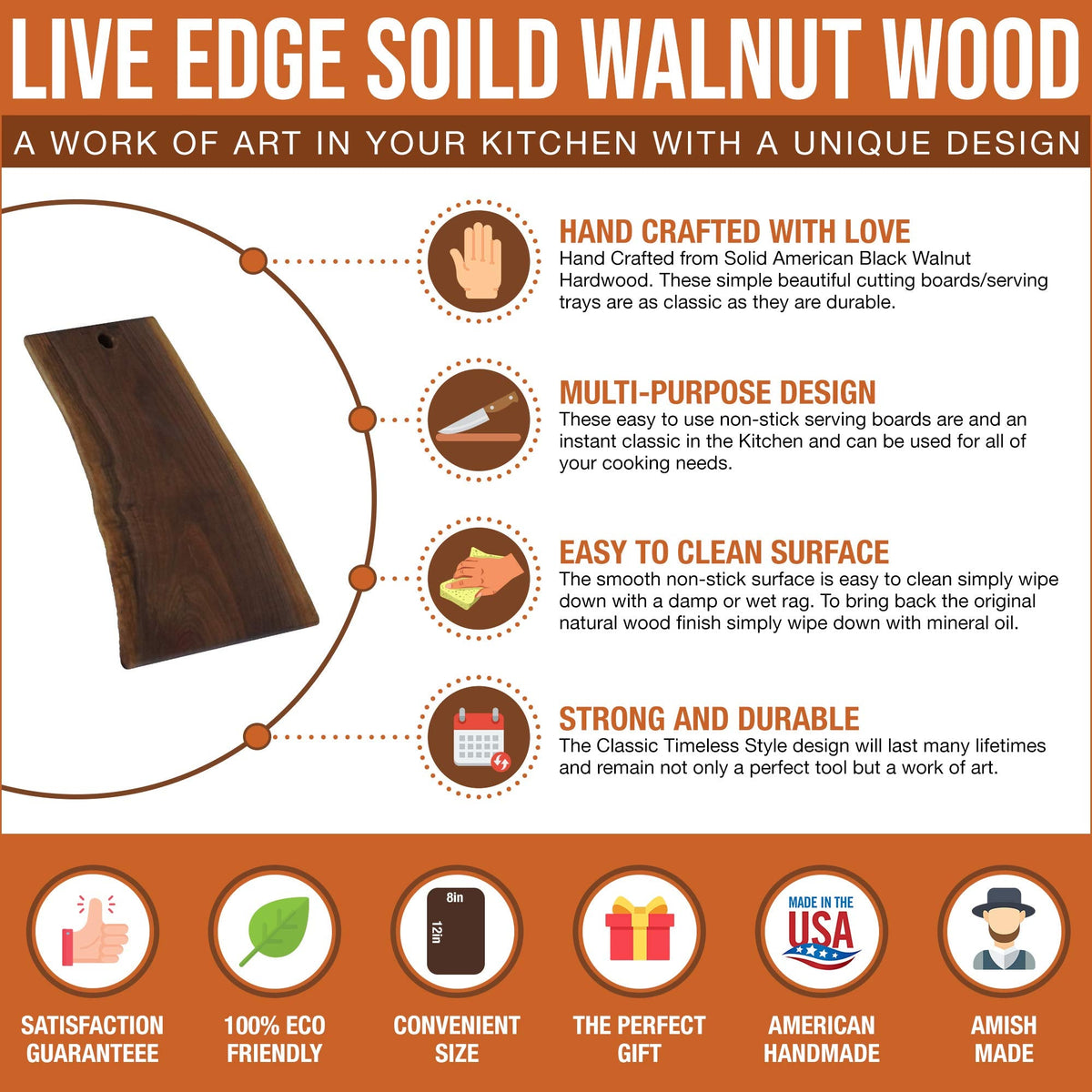 Live Edge Black Walnut Cutting Board – Amish Handmade in USA, One-of-a-Kind Charcuterie & Serving Board, Sustainably Harvested American Hardwood, X-Large 10" x 20" | ArborDown