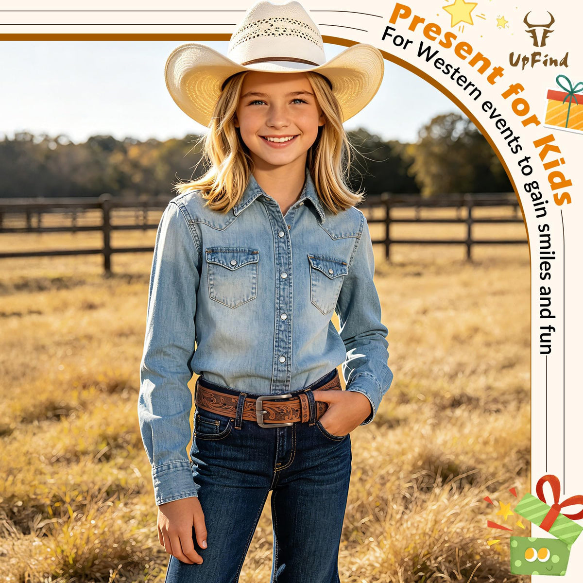 UpFind Boys Western Leather Belt Engraved Kids Cowboy Belt with Pin Buckle for Jeans Pant School Uniform Dress Up, 1.5" Wide