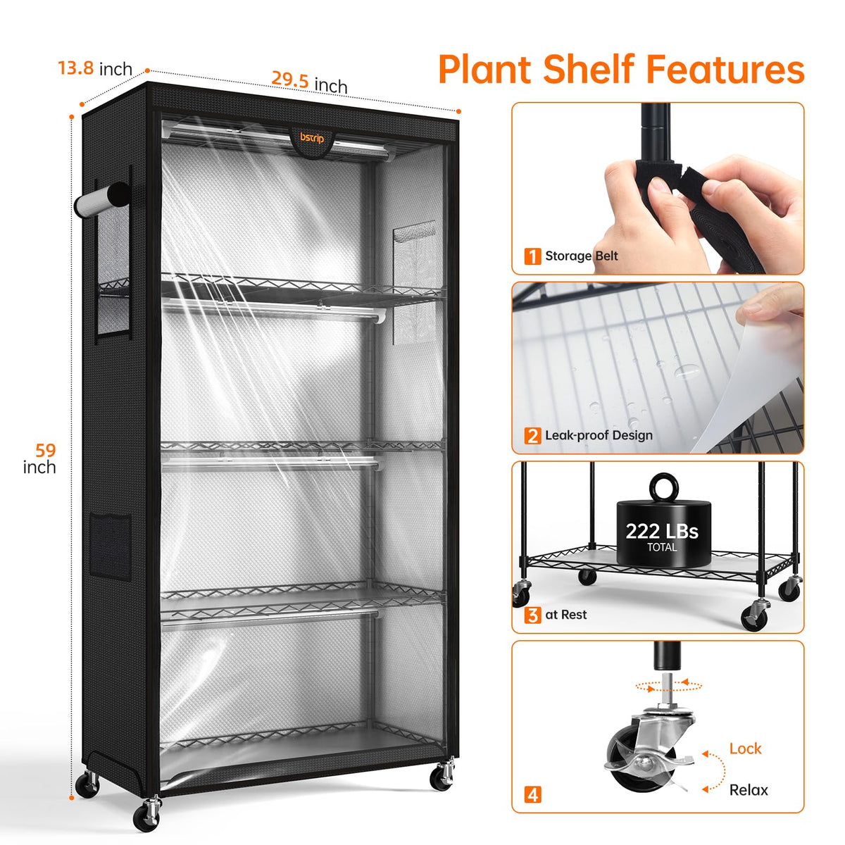 Bstrip Indoor Greenhouse with Grow Light, Plant Stand with 4 Pack 24W Full Spectrum Plant Lights , Plant Shelf with Tent for Indoor Plant, Seed Starting, Seed Tray, 29.5"x13.8"x59"