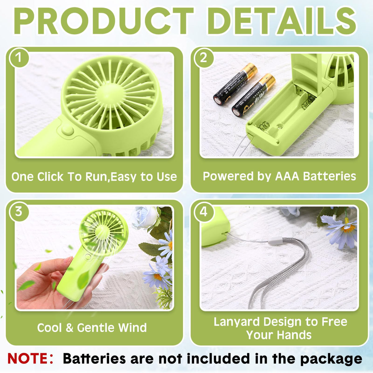 Rossesay 60 Pcs Mini Portable Fan Small Handheld Battery Operated Portable Personal Fans for Summer Travel Beach Indoor Outdoor Cooling Gift(Green, Pink, White, Blue, Black, Purple)