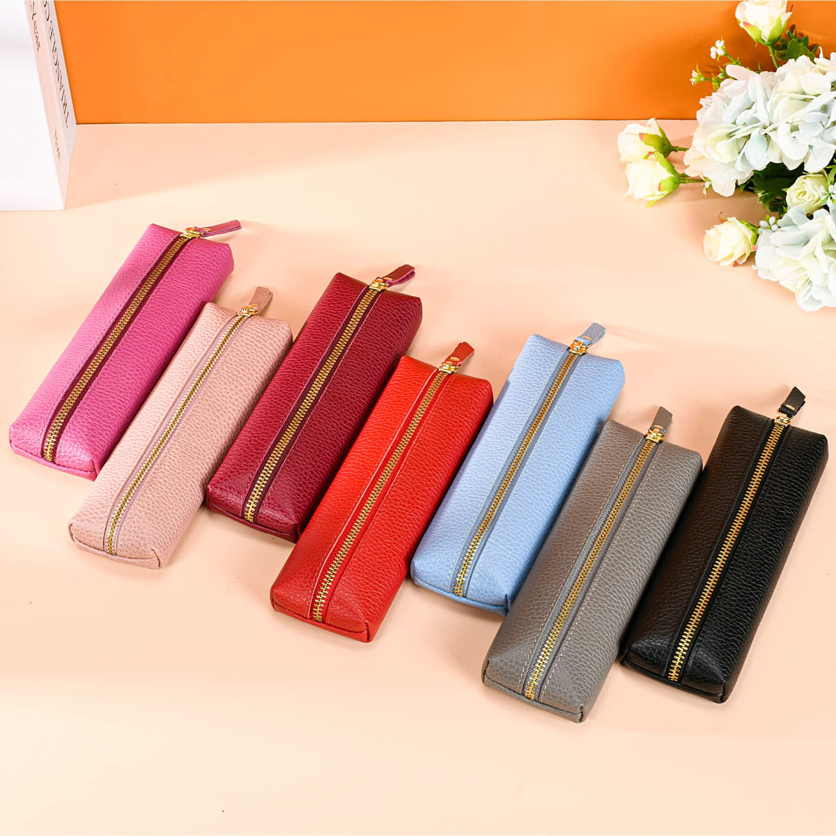 Sluxa Genuine leather pen case, Cowhide pencil pouch with zipper, Soft black pen bag for adults.