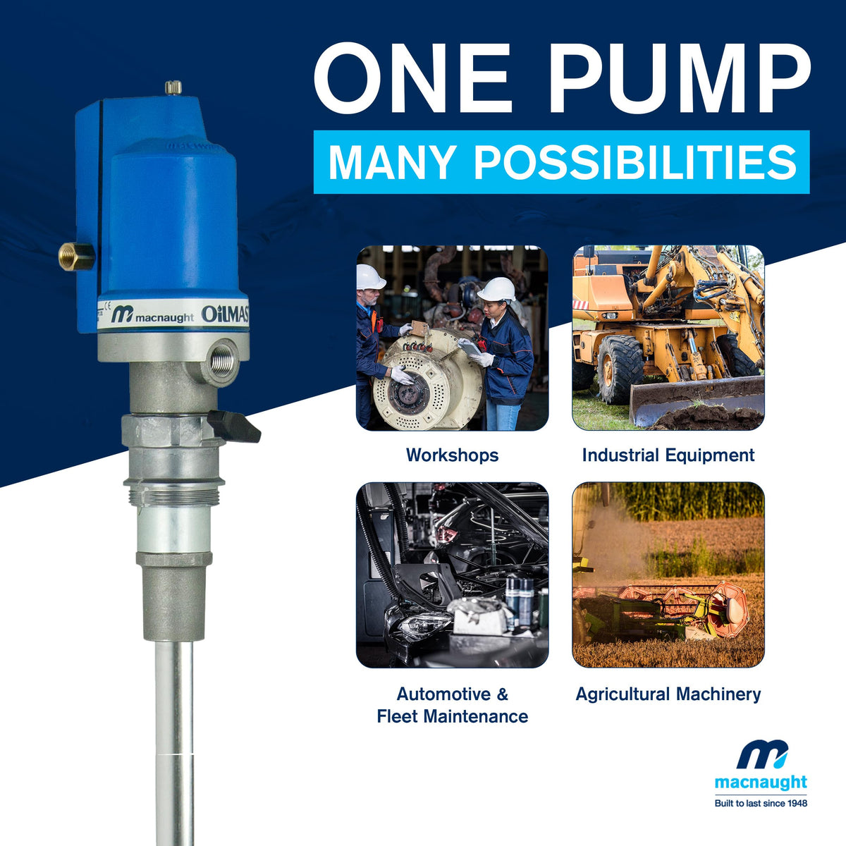 Macnaught Ratio 5:1 Air Operated Pneumatic Oil Transfer Pump. Engine and gear oils up to SAE140, auto trans, hydraulic fluid and anti-freeze/anti-boil (NOT for Gasoline or Diesel)