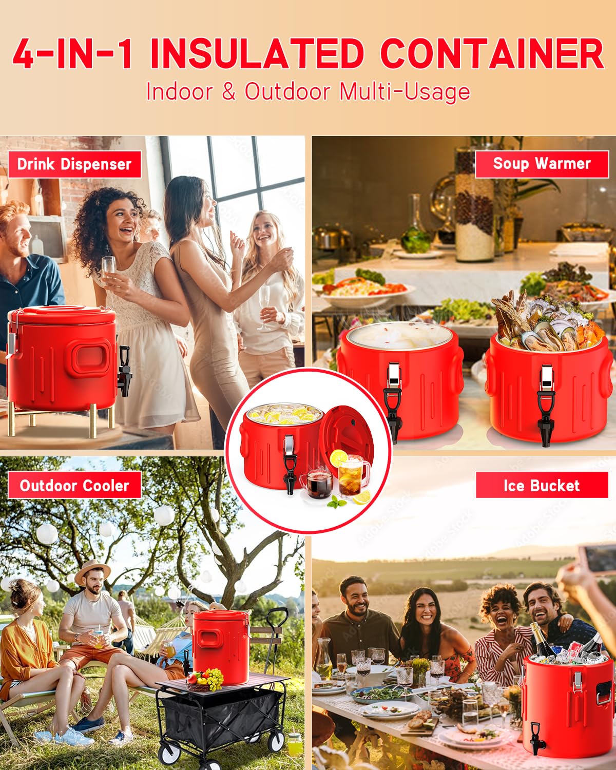 Insulated Beverage Dispenser 6.5 Gallon, Hot Drink Dispenser with Stainless Steel Interior & Spout, Cold & Hot Water Dispenser, Portable Water Cooler, Outdoors Water Jug for Camping Party Sports,N4