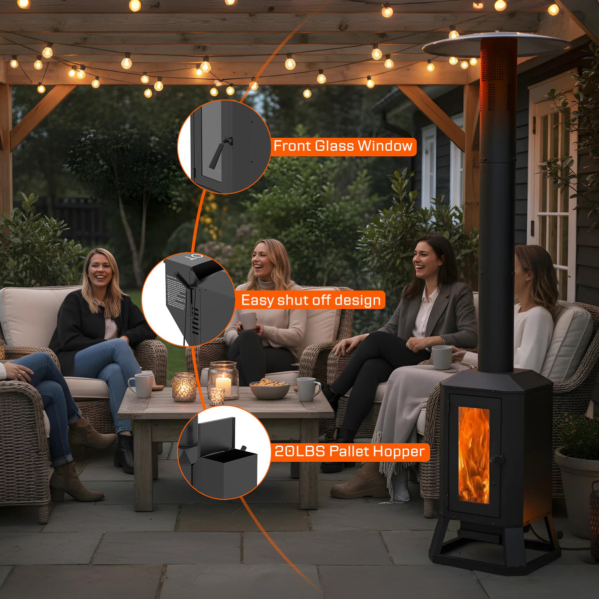 70,000 BTU Wood Pellet Outdoor Patio Heater with Glass Viewing Window – Pellet Heaters for Outdoor Use, Home, Gardens & Commercial - Portable with Wheels – Black