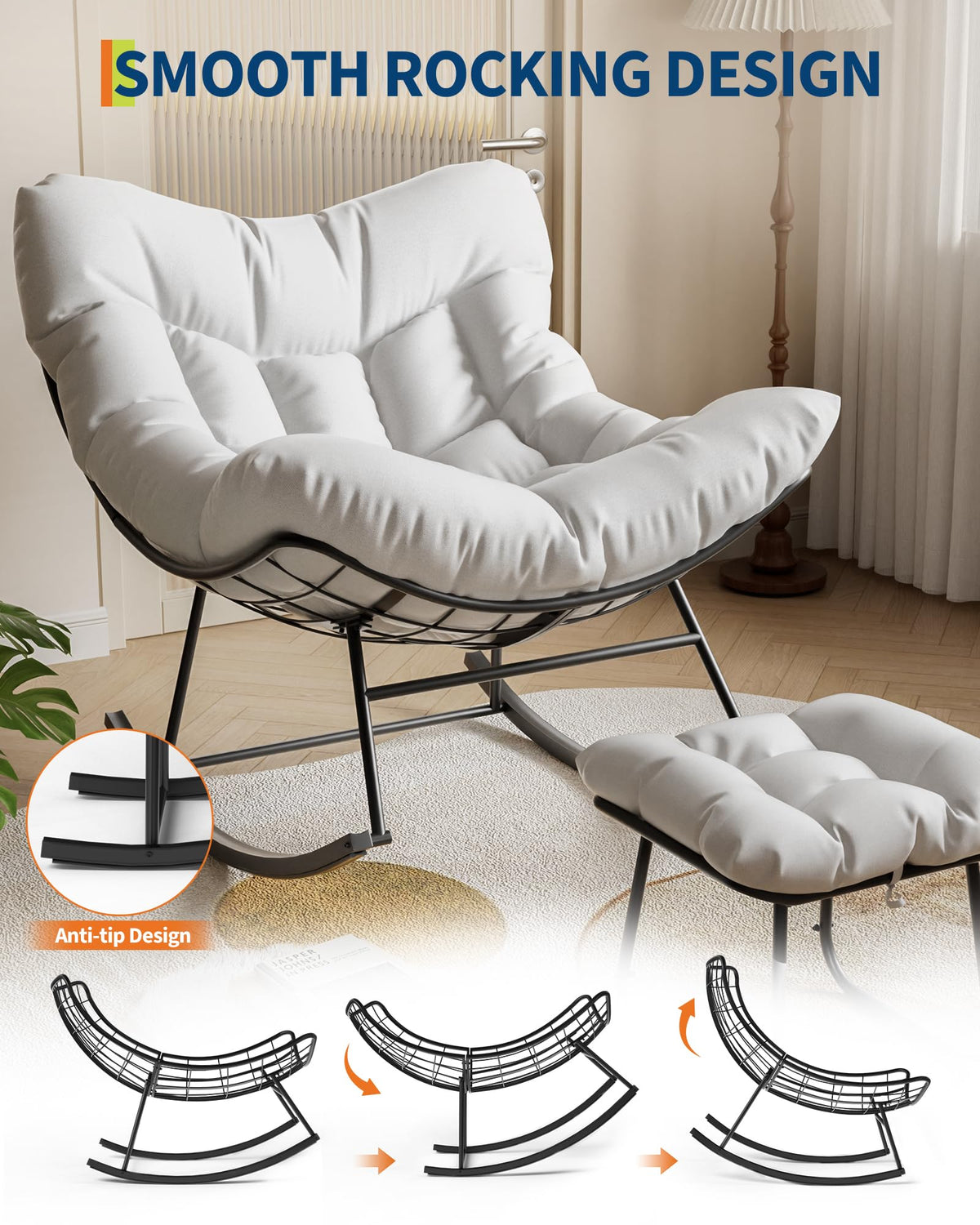 GarveeLife Outdoor Oversized Papasan Rocking Chair with Footrest, Patio Lounge Chair with Ottoman and Sturdy Metal Frame, Patio Egg Rocker for Balcony Backyard Porch Bedroom, White