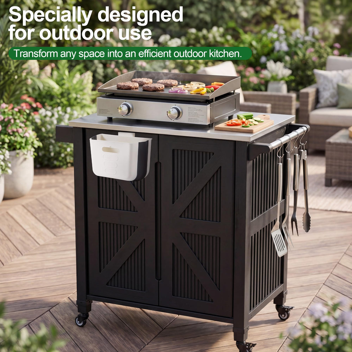 Nice C Grill Cart with Wheel, Outdoor Kitchen Island, Outdoor Grill Station Bar Cart with Stainless Steel Tabletop, Dining Cart Table Storage Cabinet, Grill Table for BBQ Food Prep