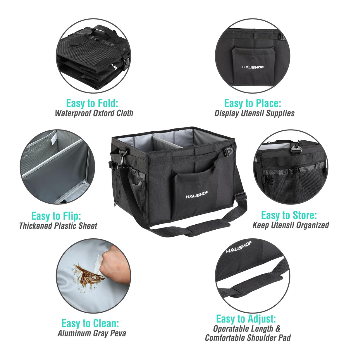 HAUSHOF Large Grill and Picnic Caddy with Paper Towel Holder, Condiment Pocket, Foldable BBQ Organizer Easy Carry Griddle Caddy for Camping, RV, Outdoor Waterproof Oxford Cloth (Black)