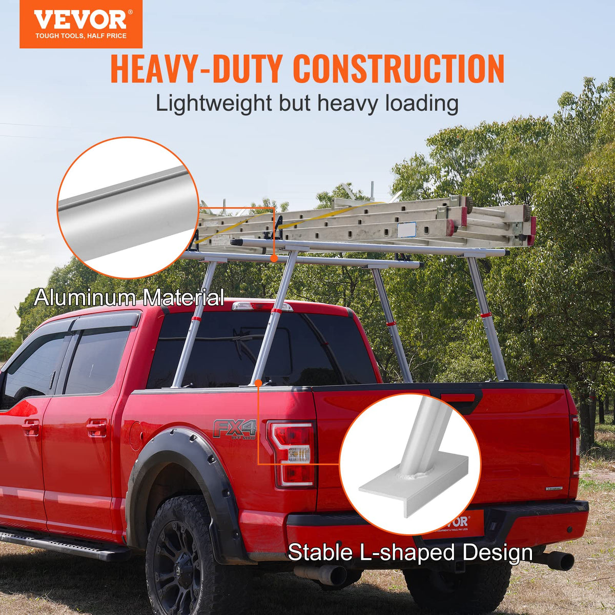VEVOR Truck Rack with 8 Non-Drilling C-Clamps, 19-34in Adjustable Height Aluminum Ladder Rack for Truck, 800 lbs Capacity Heavy Duty Truck Bed Rack Two-Bar Set for Kayak, Surfboard, Lumber, Ladder