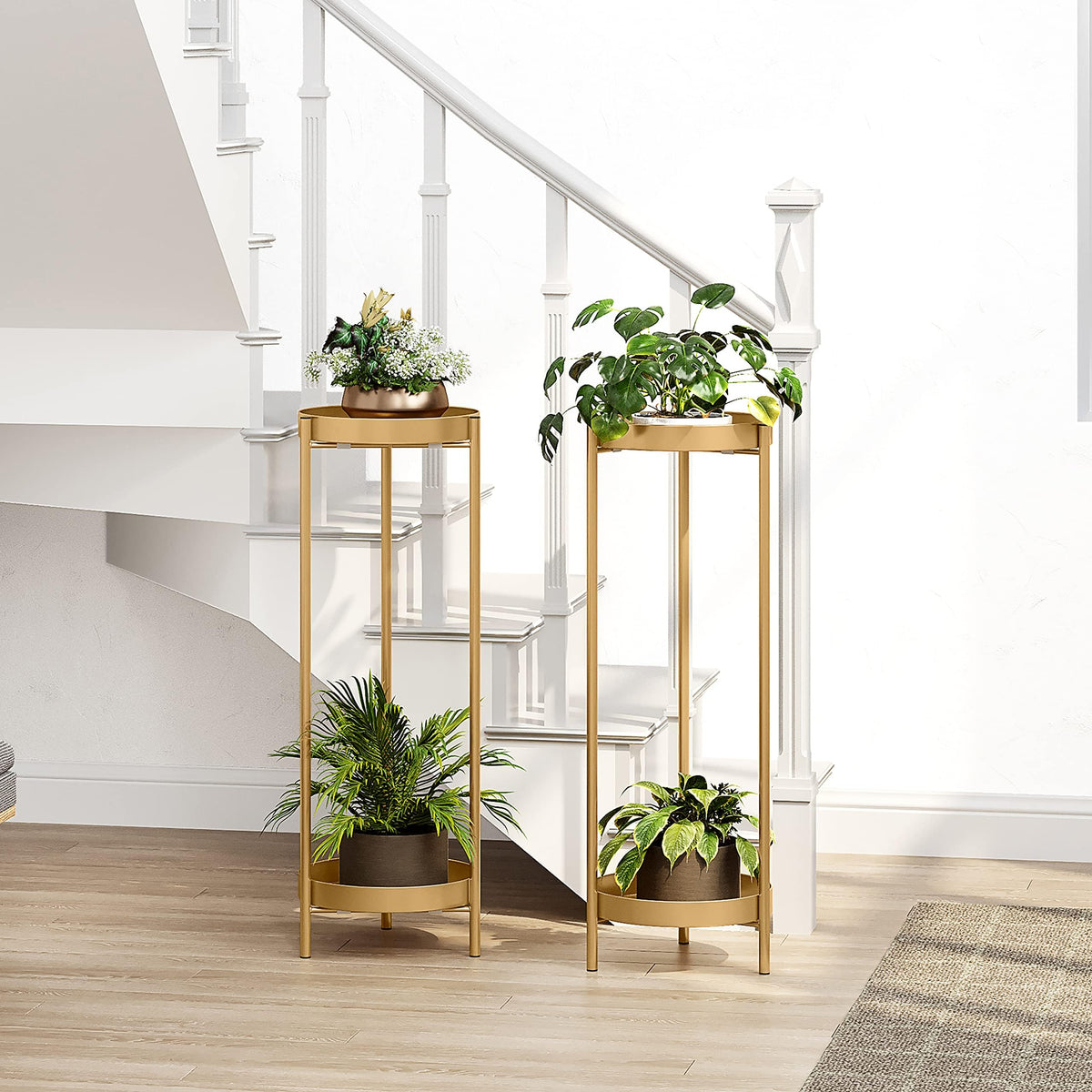 Philodwell Metal Gold Tall Plant Stand Indoor or Outdoor - 30 inch 2 Tier Modern Corner Planter Shelf Rack with 2 Removable Display Shelves(10 inch) for Bedroom Living Room Balcony