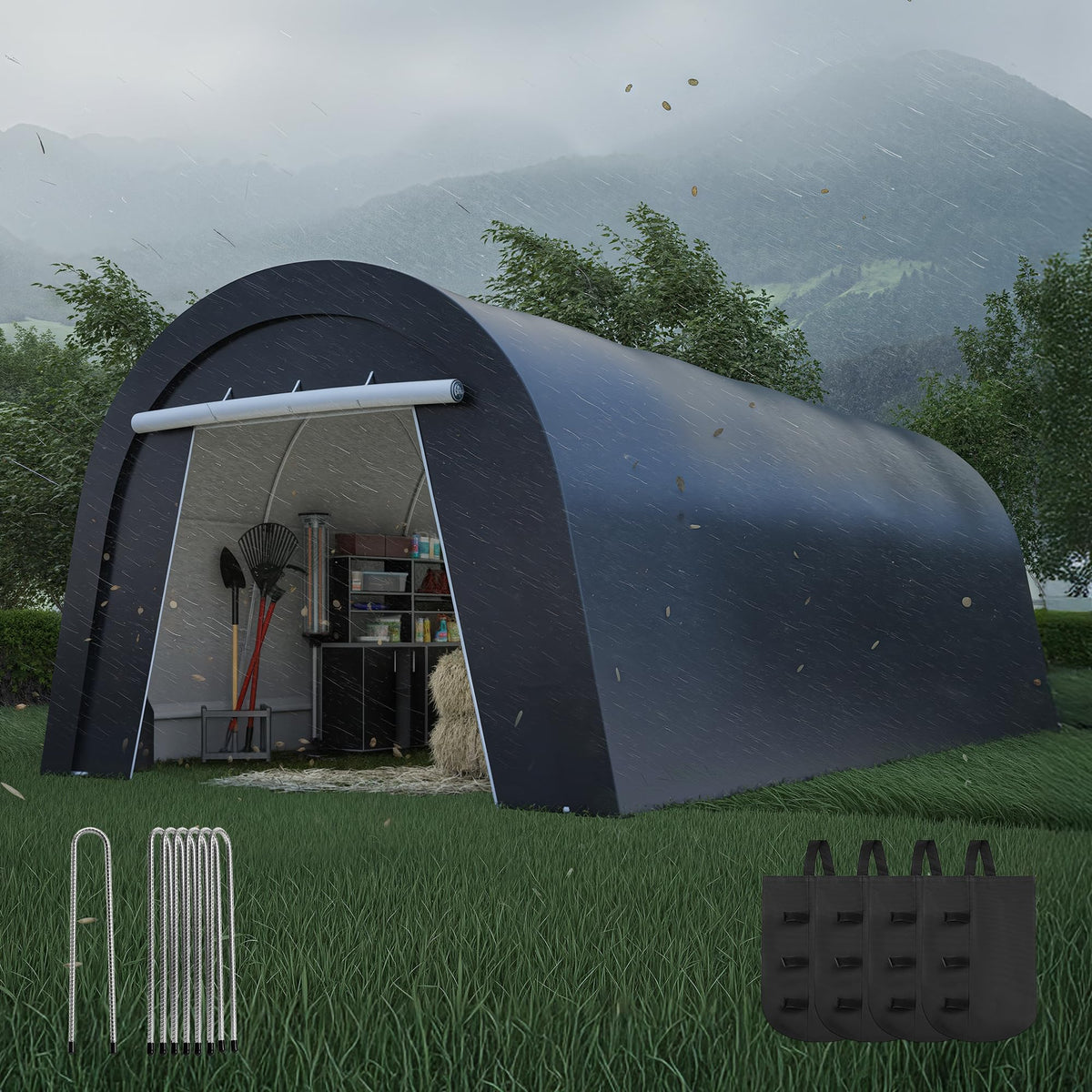 Wisteria Lane Heavy Duty Carport with 4 Cloth Bags, All-Weather Car Canopy with 2 Roll-up Doors, Portable Garage Storage Shelter Shed for Boat, Truck, or Garden Tools, 12' x 25'
