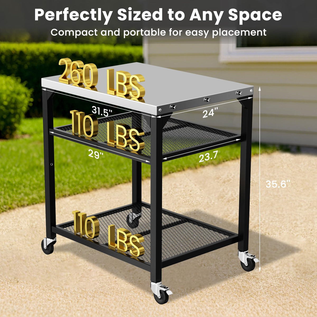 Pizza Oven Table for Ninja Woodfire, Blackstone, Cuisinart, 32x24 Inch Stainless Steel Outdoor Grill Prep Cart with Hooks, Portable Food Station