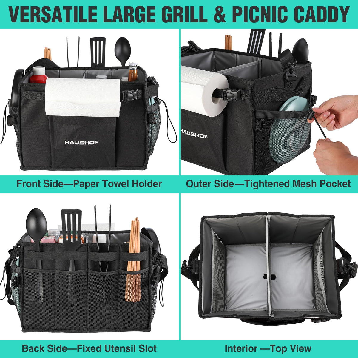 HAUSHOF Large Grill and Picnic Caddy with Paper Towel Holder, Condiment Pocket, Foldable BBQ Organizer Easy Carry Griddle Caddy for Camping, RV, Outdoor Waterproof Oxford Cloth (Black)