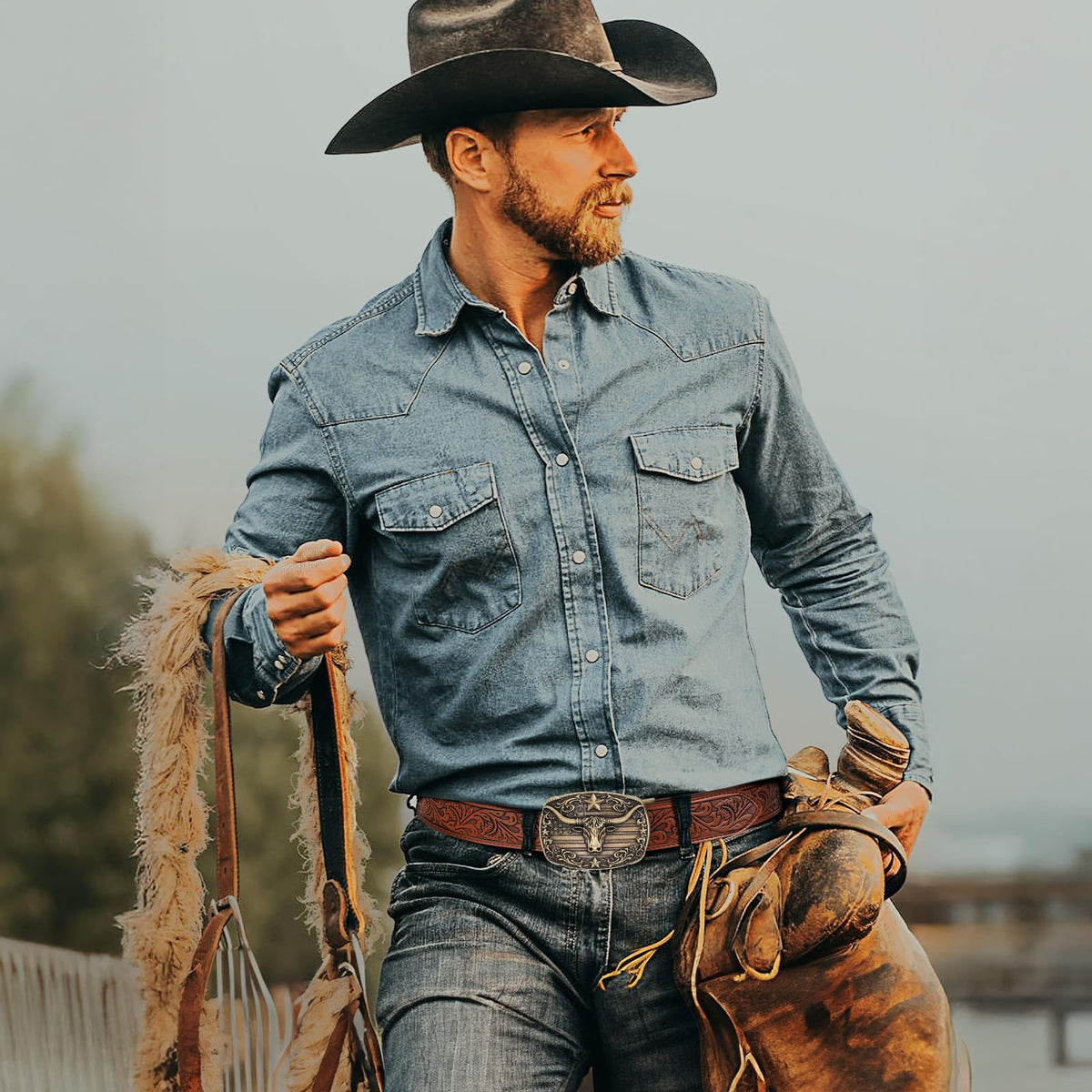 SANSTHS Western Cowboy Ratchet Belts for Men Women Leather Cowboy Belt with Automatic Western Buckle for Jeans Gifts, Golden Bull/Brown