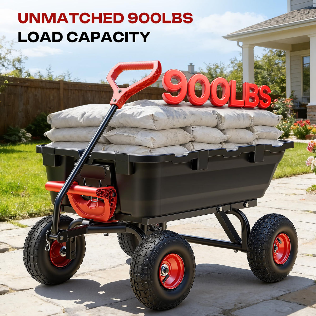 Autodaya 900LB Garden Dump Cart, 2026 Upgraded Heavy Duty Wheelbarrow Cart with 10" Non-Slip Pneumatic Tires & Quick-Release System, 4-Wheel Steel Frame Wagon for Transportation in Yard, Farm, Garden