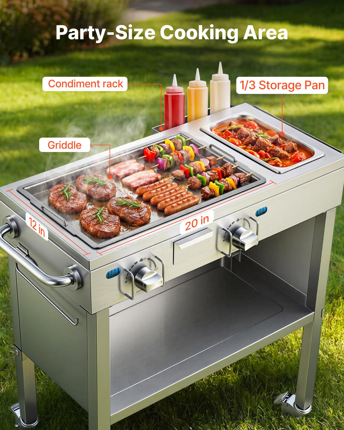VEVOR Outdoor Propane Griddle, 2 Burners (11,600 BTU Each), Commercial Stainless Steel Gas Griddle Cart with 4 Lockable Wheels, 1/3 Food Pan, Easy-Grip Side Handle, Ideal for Hot Dogs, Burgers & Meats