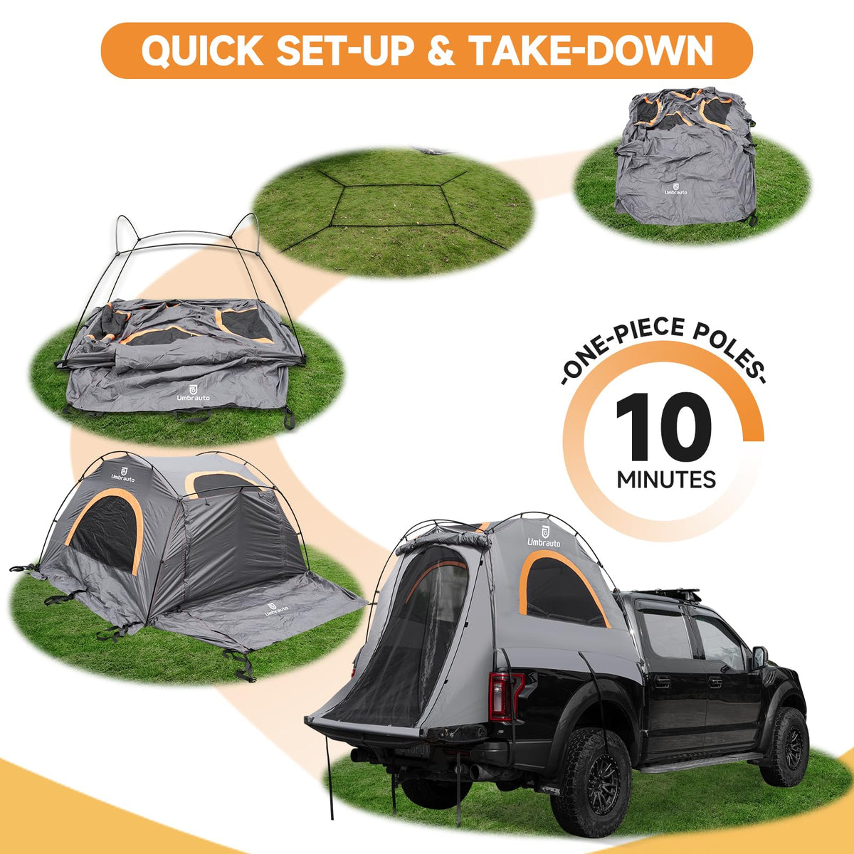 Umbrauto Truck Bed Tent Fits 6.5ft Truck Bed, Easy Setup for Camping, 3000mm Waterproof Pickup Truck Tent for 2 Person, Ford, GMC, Toyota, Chevy, Dodge, Nissan, Green & Orange