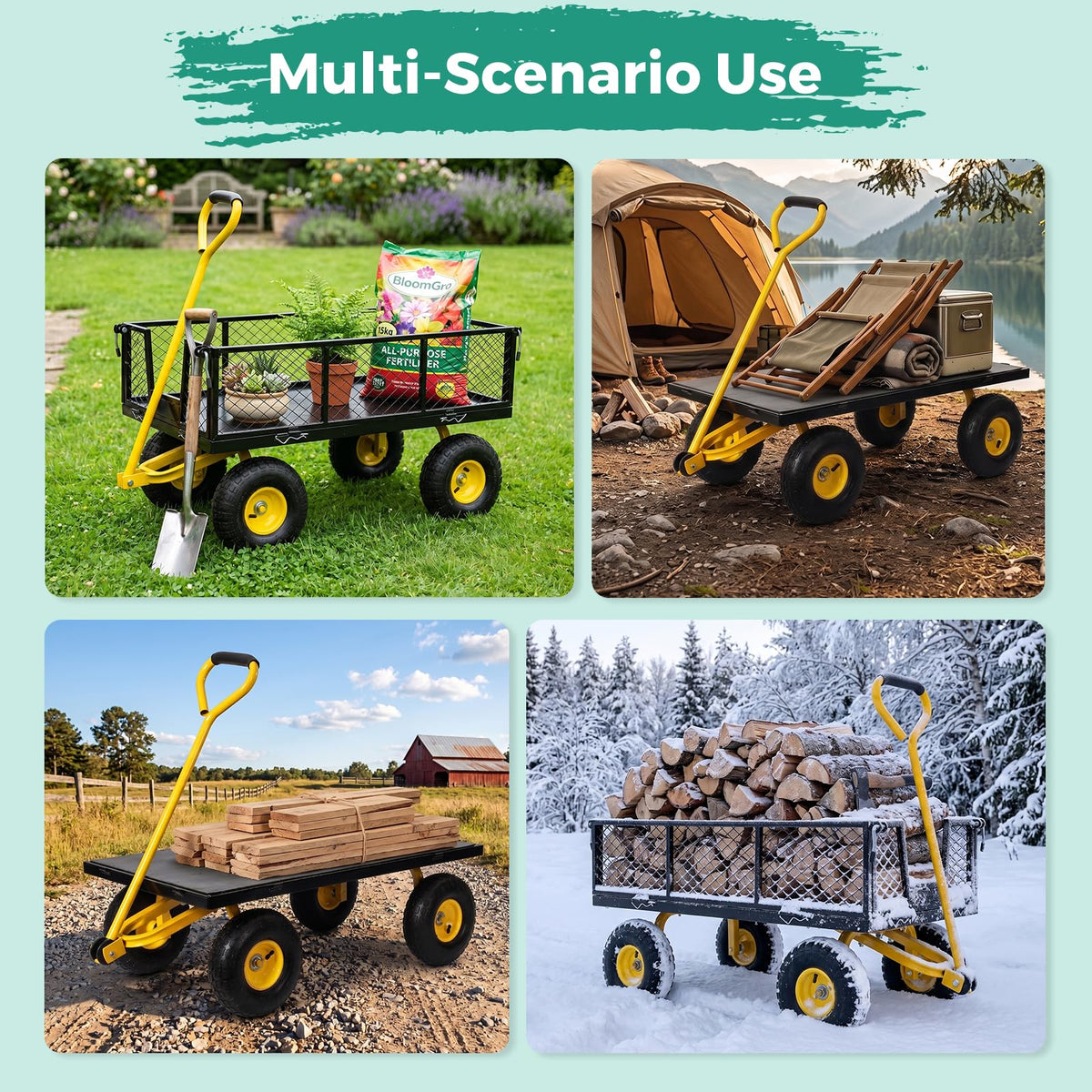 SUNNYFEEL 900 LBS Heavy Duty Steel Garden Cart, Utility Garden Wagon Cart with 10" Flat-Free Wheels and Removable Sides, All Season Yard Cart with 180° Adjustable Handle