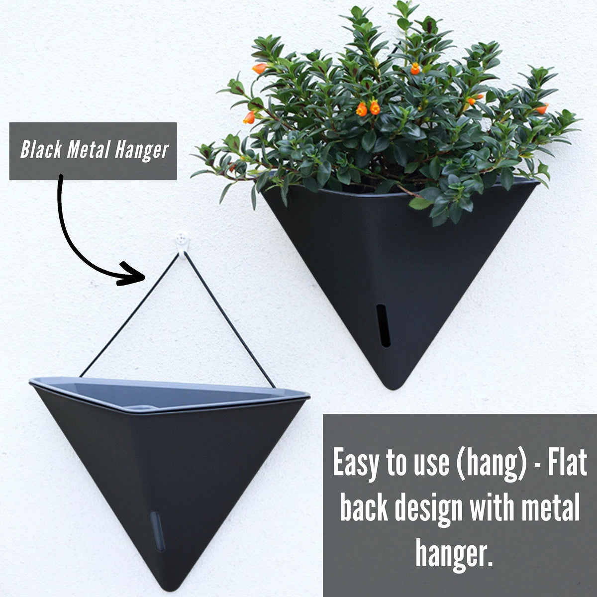 LaLaGreen Bundle - 12" x 2 Pack Black + 12" x 4 Pack Gray Large Self Watering Geometric Hanging Flower Vase Vessel with Metal Hanger, Modern Stylish Wall Mounted Succulent Pot Holder Decor