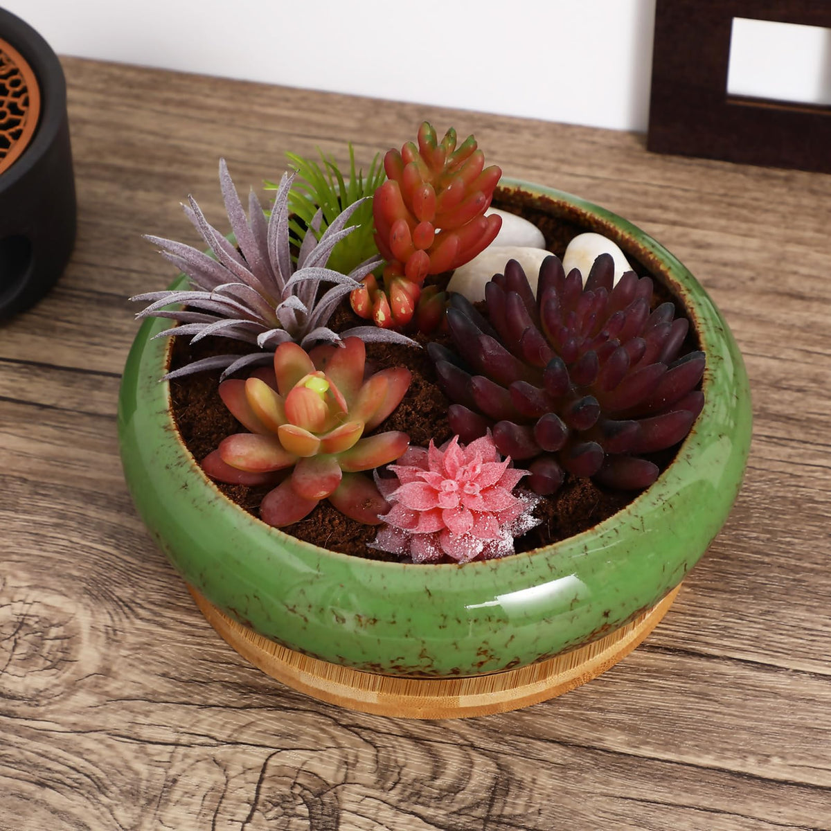 Kisangel Succulent Planters Ceramic Lotus Bowl 7.08 Inch with Drainage Hole and Tray Indoor Bonsai Pot for Cactus and Flower Plant Container Home Garden Decor