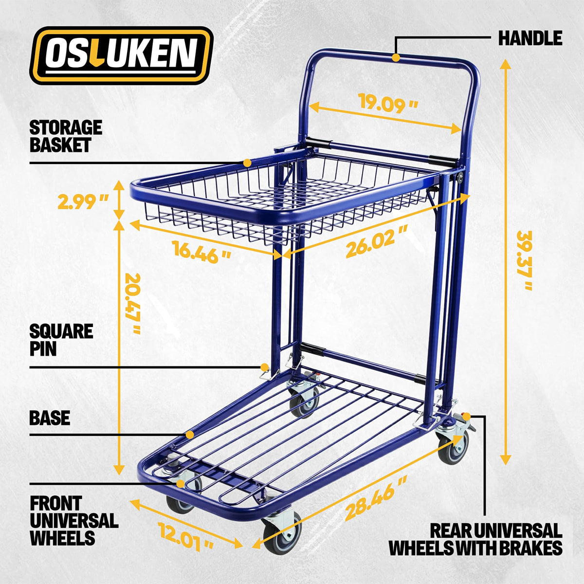 Osluken Upgraded Metal Shopping Cart with Wheels, 700 LBS Heavy Duty 2-Tier Grocery Cart, Detachable Utility Hand Truck Dolly for Home， Supermarket，Warehouse